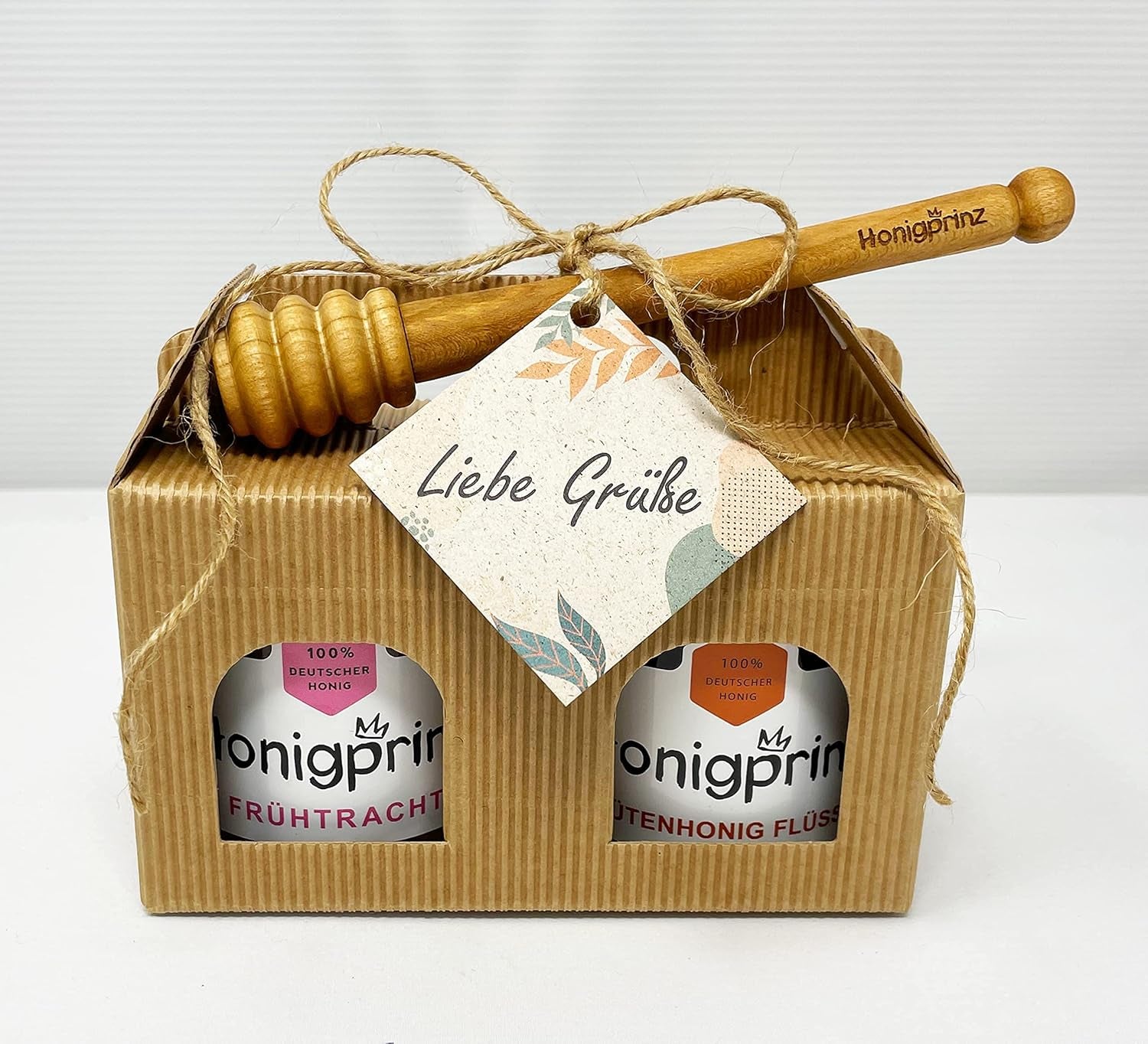 Honig Geschenkset "LIEBE Grüße" Mit Honiglöffel Aus Buchenholz Und Grußkarte - 1X250G Sanddorn Cremig Und 1X250G Frühtracht Cremig - 100% Deutscher Honig Honigprinz Familien-Imkerei