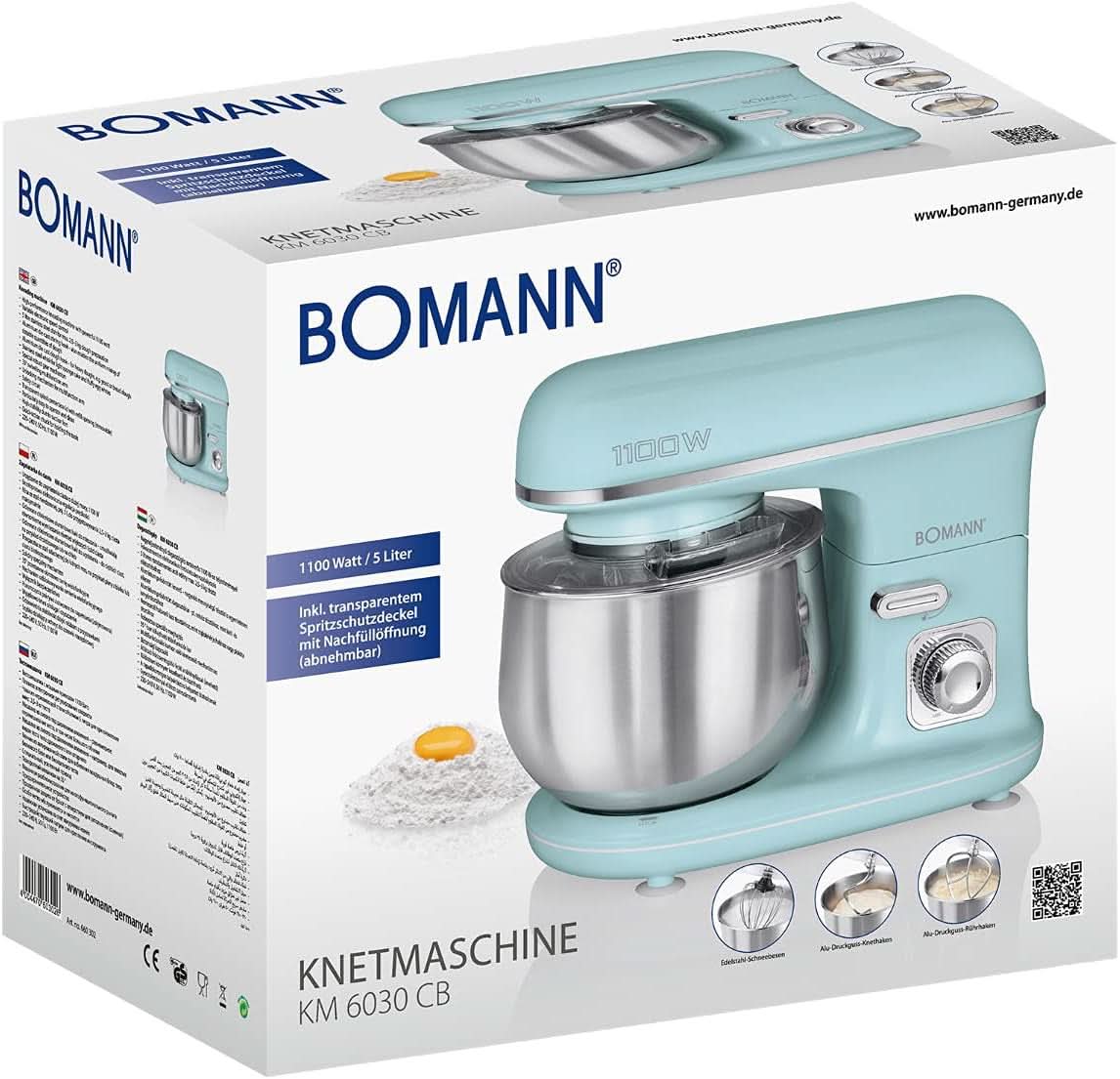 Bomann® Retro Küchenmaschine Zum Backen | Machine à tricoter 5L | Moteur Starker 1 100 W | Teigmaschine Inkl. Haken & Schneebesen | Retro Teigknetmaschine Spritzschutz Mit Nachfüllöffnung – KM 6030 CB Mint-Grün Mère et Enfant Naty Shop