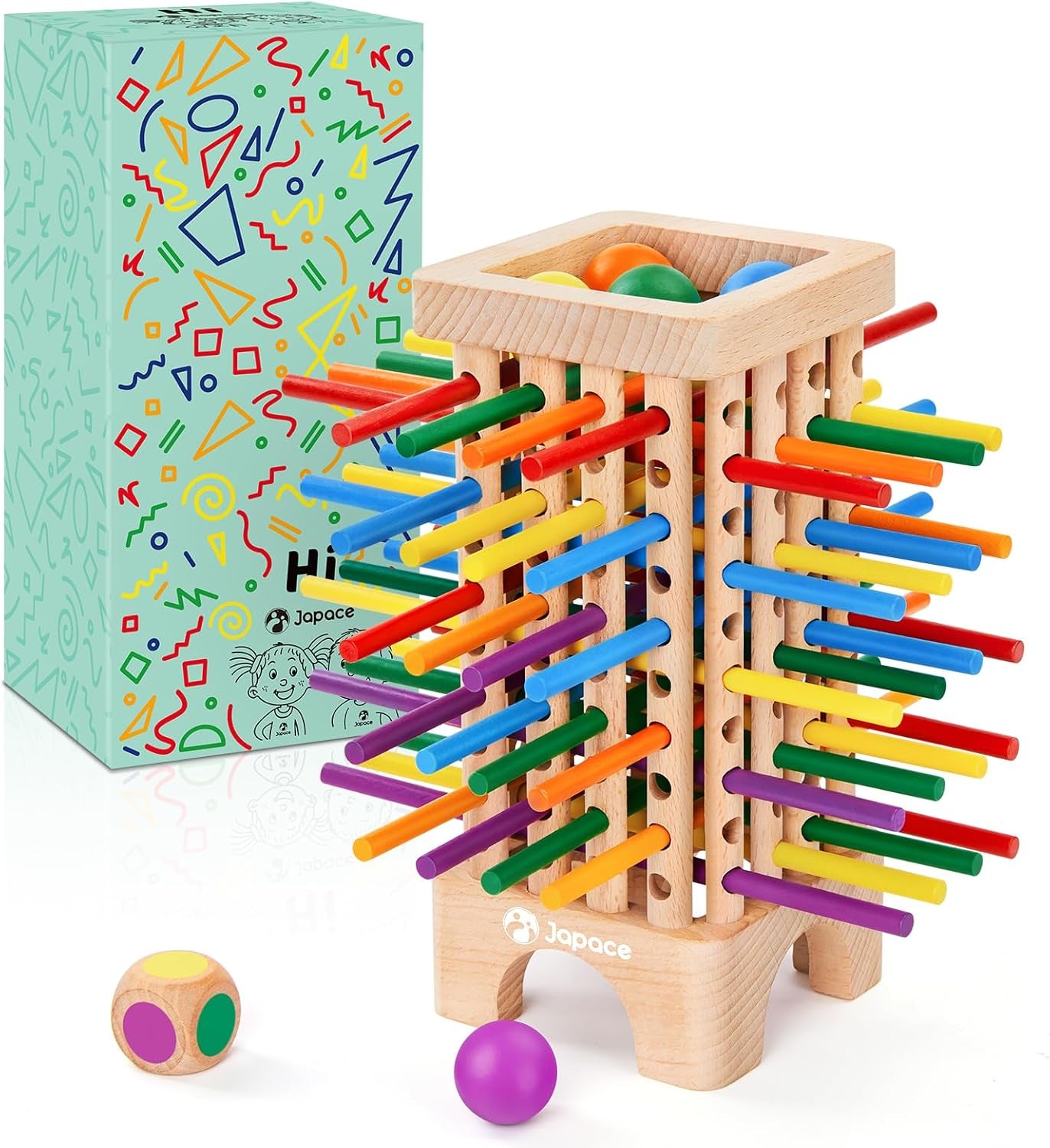 Japace Jeu de société Montessori en bois, 42 bâtons en bois colorés, jeu de dés, jouet d'apprentissage des mathématiques pour les âges 3, 4, 5, 6 ans, jouet de motricité fine et de comptage, jeu familial, jeu de voyage pour enfants