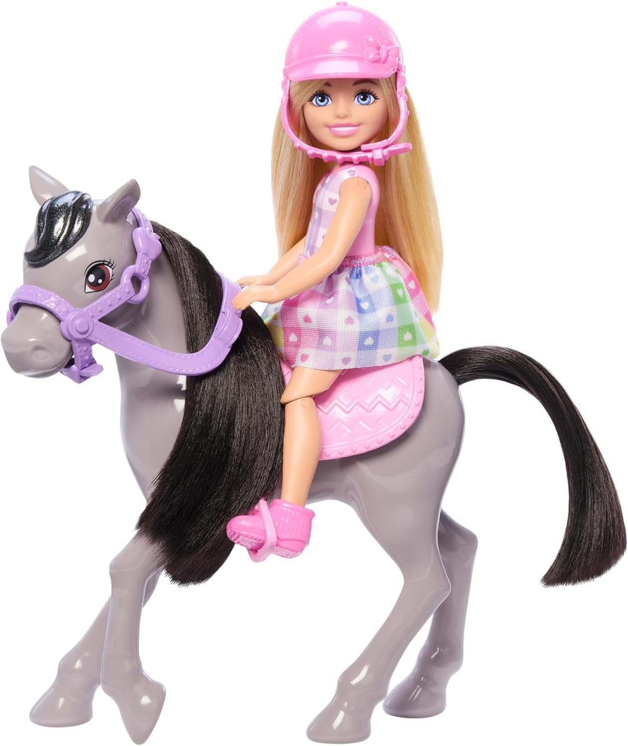 Poupée Barbie Chelsea et Poney et poneys - Montez pendant le jeu pour vous asseoir en toute sécurité sur un cheval, une selle et des bâtons roses, comprend un casque et une jolie robe à carreaux, à partir de 3 ans, HTK29 Naty Shop Dolls Titre par défaut