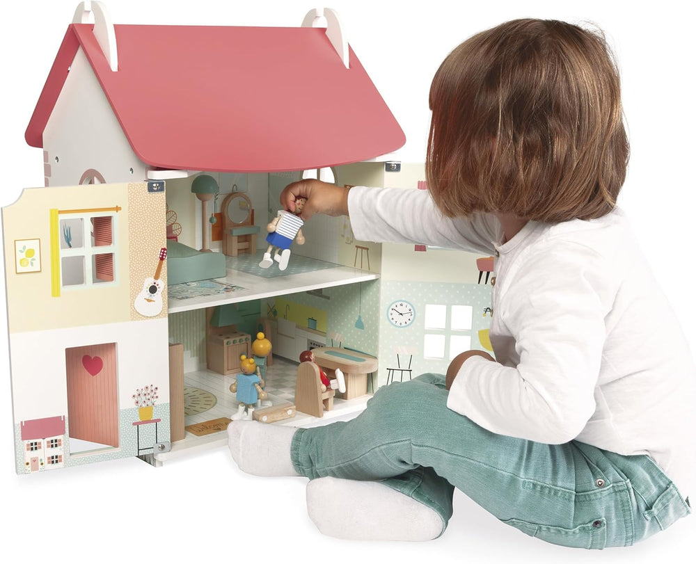 Janod - Ma première maison de poupée en bois - 10 accessoires - Meubles de poupée - Portes magnétiques et toit amovible - Jouet en bois certifié FSC - 3 ans et plus