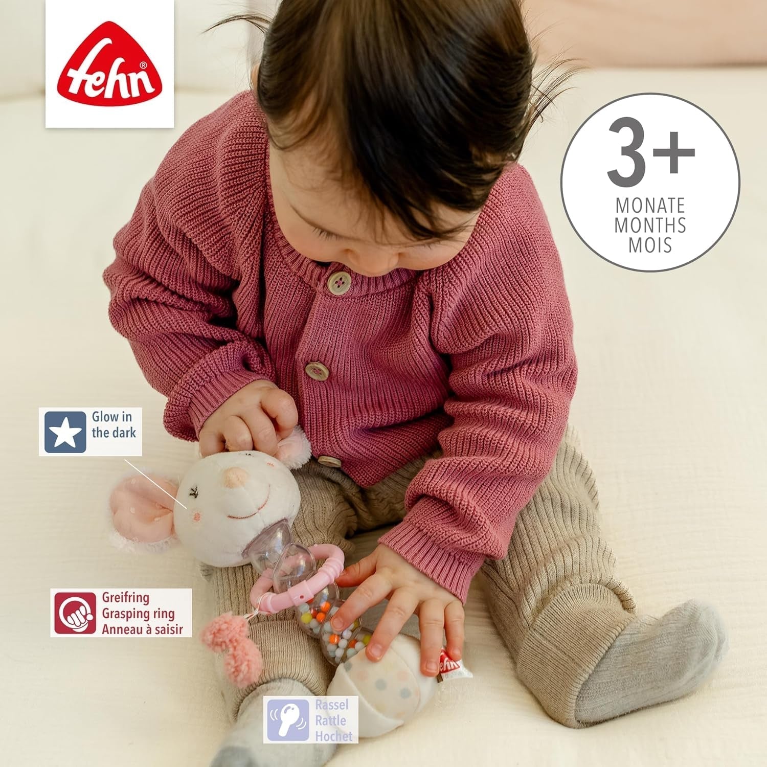 Fehn Rainmaker Mouse - jouet de motricité avec cloche pour saisir et faire des bruits - la clochette stimule les sens et la motricité de manière ludique - pour les bébés et les jeunes enfants à partir de 0 mois Baby Toys Naty Shop