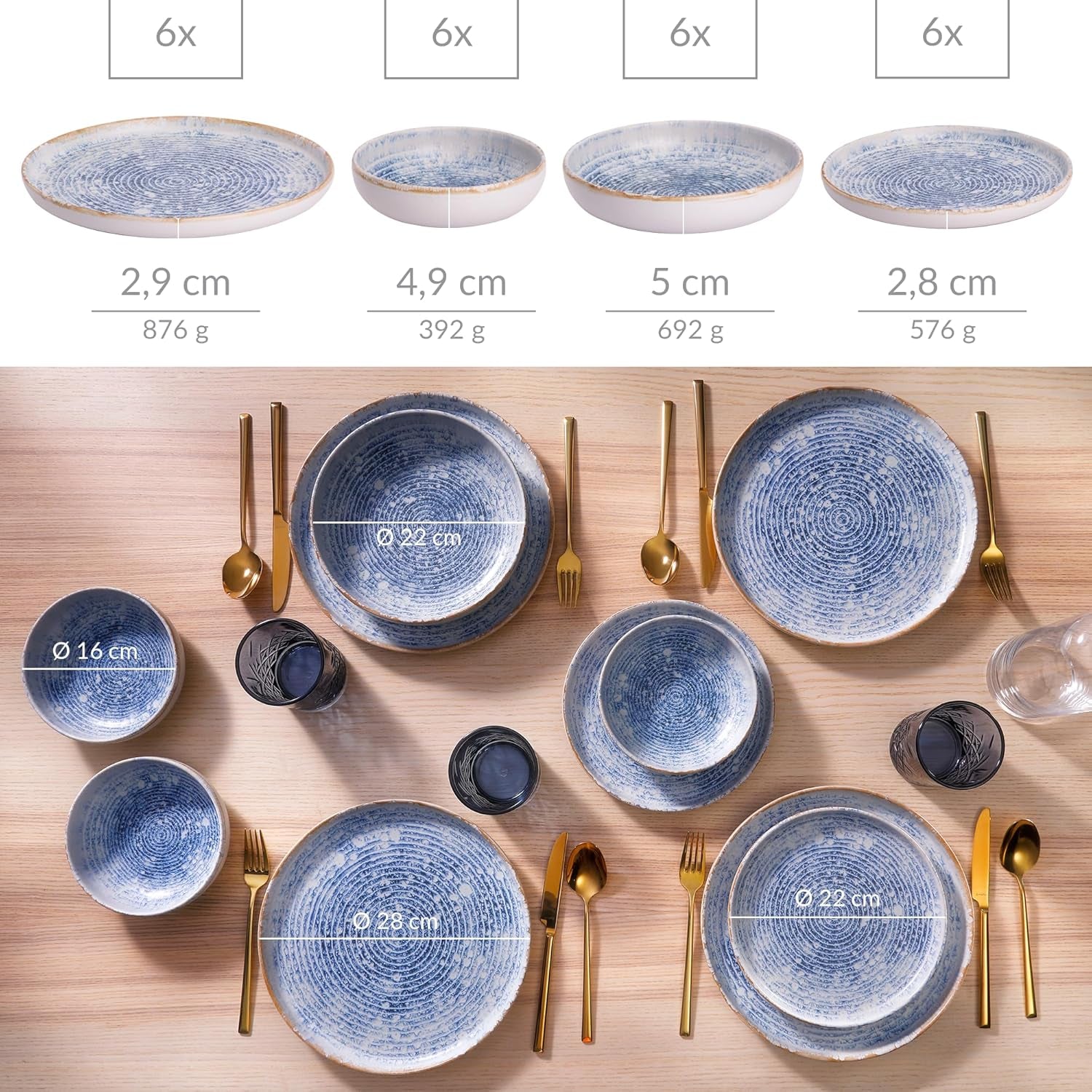 Azure Service de table vintage en grès pour 6 à 24 pièces – Rayures blanches et bleues, surface en relief – Passe au lave-vaisselle, au four et au micro-ondes