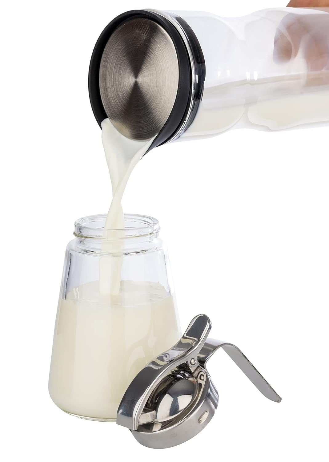 APS 765 Mug universel, mug verseur en verre avec bouchon à vis en acier inoxydable, mug verseur pour miel, café crème ou autres liquides, 8,5 x 12 cm, hauteur 13 cm