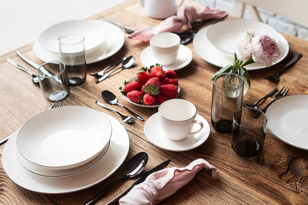 MÄSER Série Felise, service à café élégant pour 6 personnes, intemporel, bord noir, porcelaine, blanc