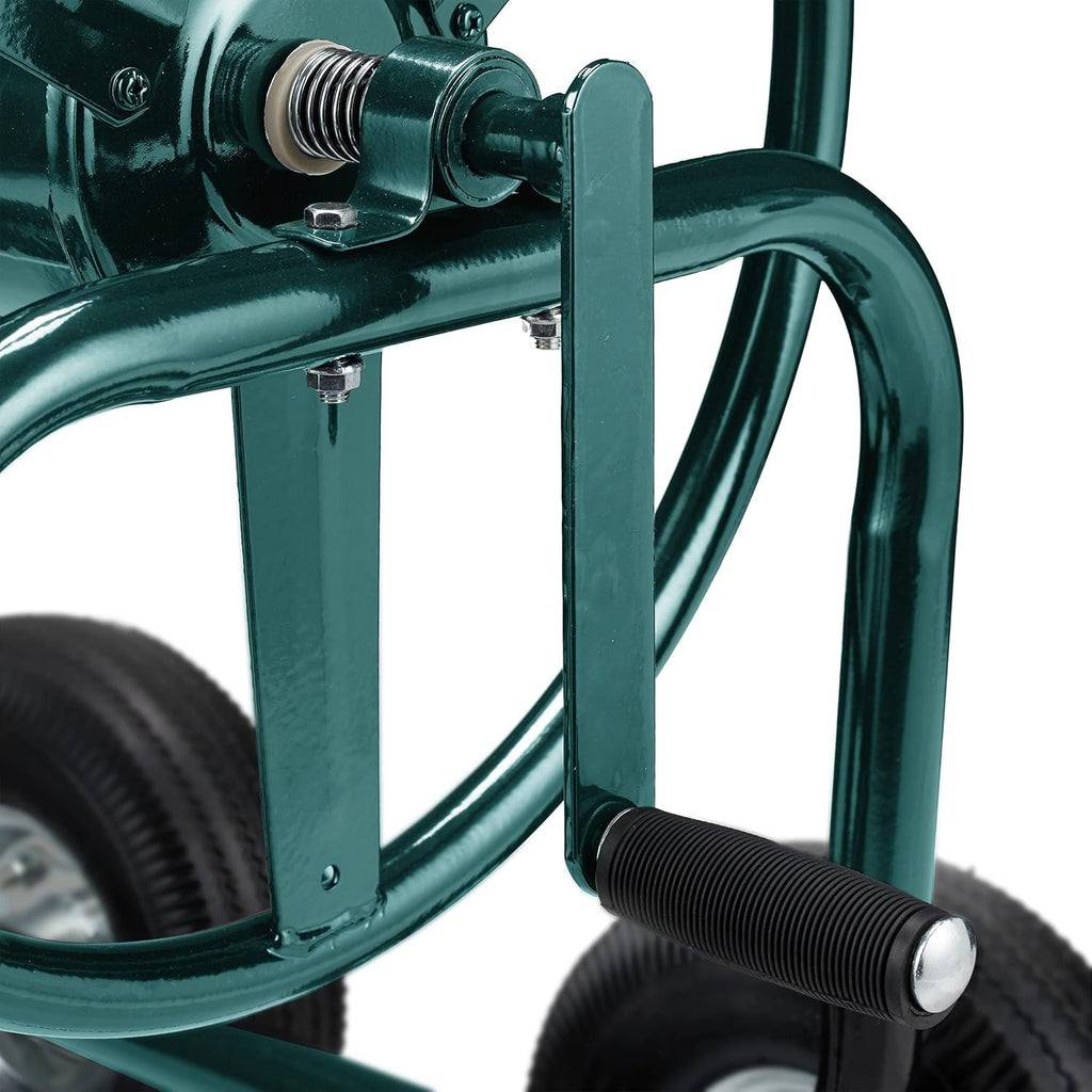 Cărucior furtun Relaxdays, până la 90 m, 4 anvelope pneumatice, cuplaj clic, rolă metalică pentru furtun, distribuitor furtun cu coș, verde