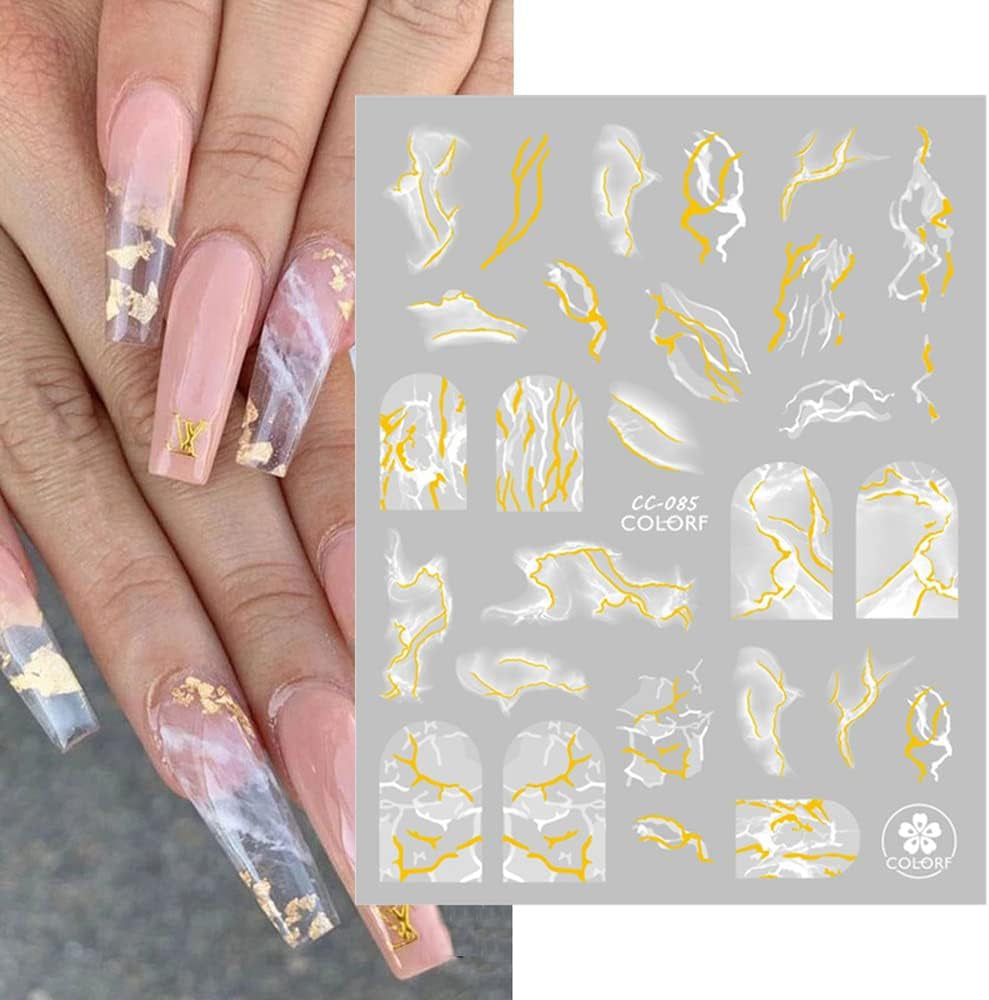 9 Blatt Nagelsticker Französische Spitzenmarmor Nagelaufkleber Selbstklebend Weißes Gold Nail Art Sticker Dekoration Nageldesign Zubehör