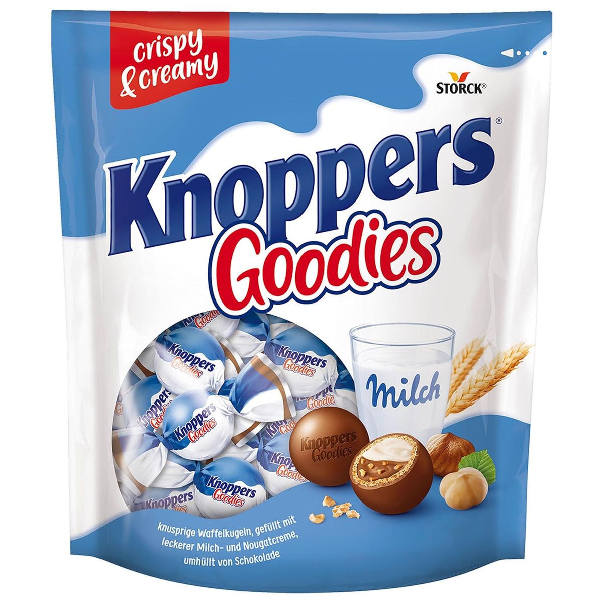 Knoppers Goodies Crunchy Minis – 1 x 180g – boules de gaufrettes croustillantes fourrées de morceaux de noisettes, de lait et de crème de nougat, enrobées de chocolat