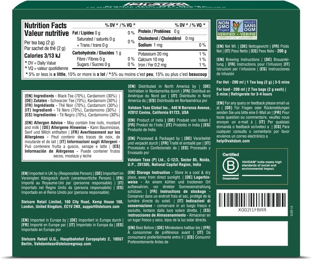 VAHDAM Ceai Chai Masala cu cardamom | 100 pliculețe piramidale | Ceai negru indian cu cardamom măcinat | Amestec original Chai cu cardamom din India | 100% natural