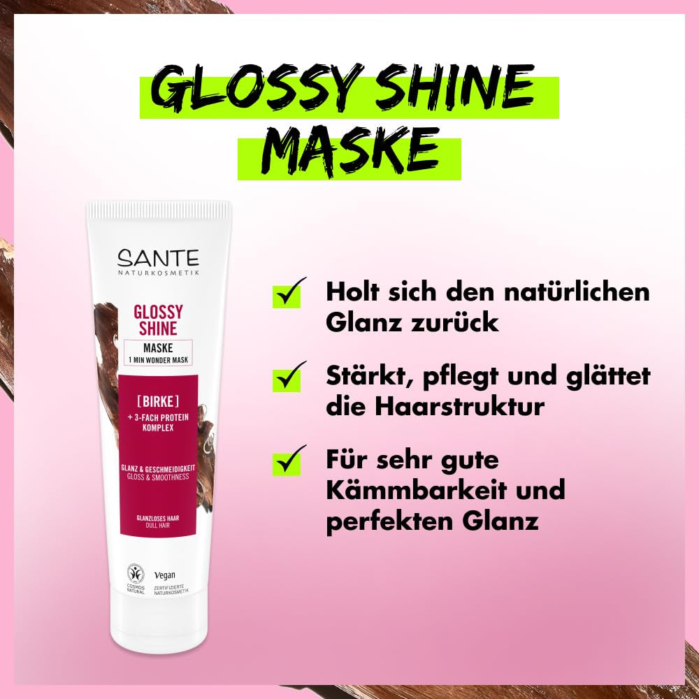 SANTE Naturkosmetik Glossy Shine Mask Extrait de feuille de bouleau bio + complexe protéique 3x, masque capillaire hydratant et sans silicone, soin capillaire végétalien pour plus de brillance et de souplesse, 150 ml Naty Shop Hair Mask