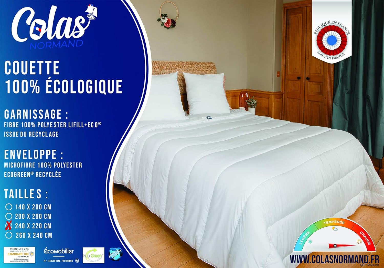 COLAS NORMAND - Couette écologique - chaude - 240 X 220 Cm - enveloppe et garnissage issus de bouteilles recyclées - douce, soyeuse et confortable - fabrication soignée Quilts et couettes Naty Shop