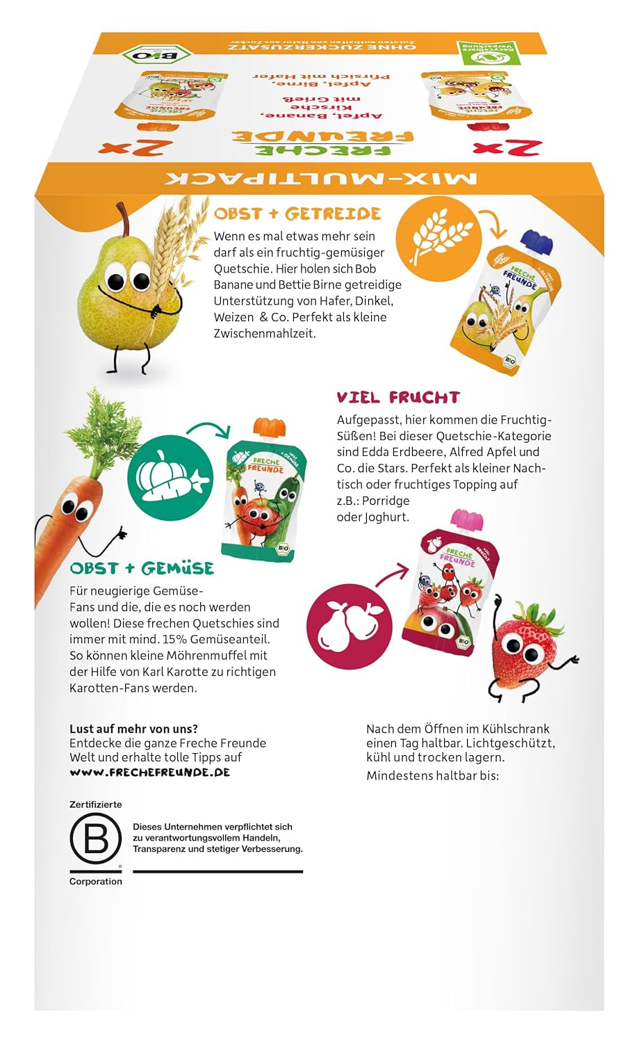 FRECHE FREUNDE Mélange Bio en sachet compressible multipack - Fruits + Céréales, Purée de fruits aux céréales en sachet compressible pour bébé à partir de 6 mois, vegan, pack de 3, 3 x (4 x 100g)