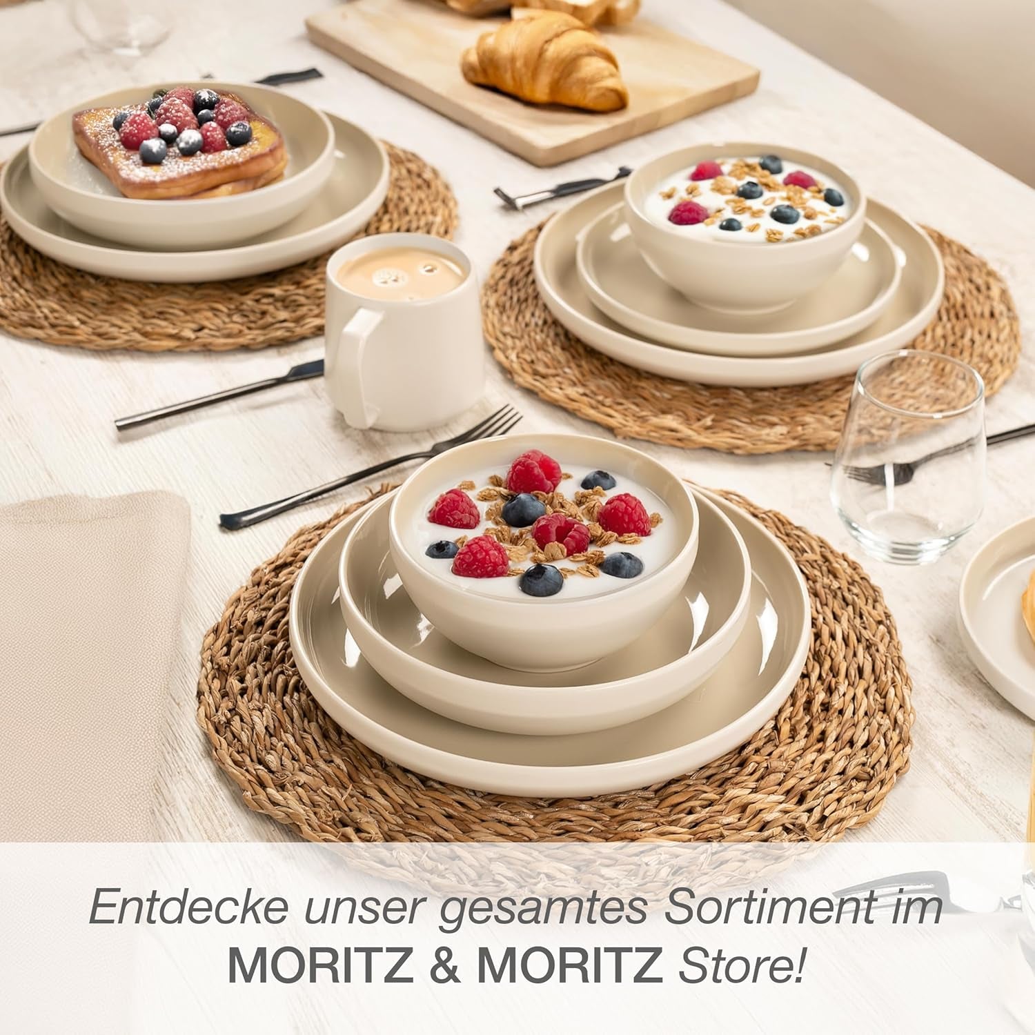Moritz & Moritz CAVO service de table en grès pour 12 personnes, 36 pièces - Service de table moderne couleur sable - Service combiné facile d'entretien avec assiettes et bols - Service à café