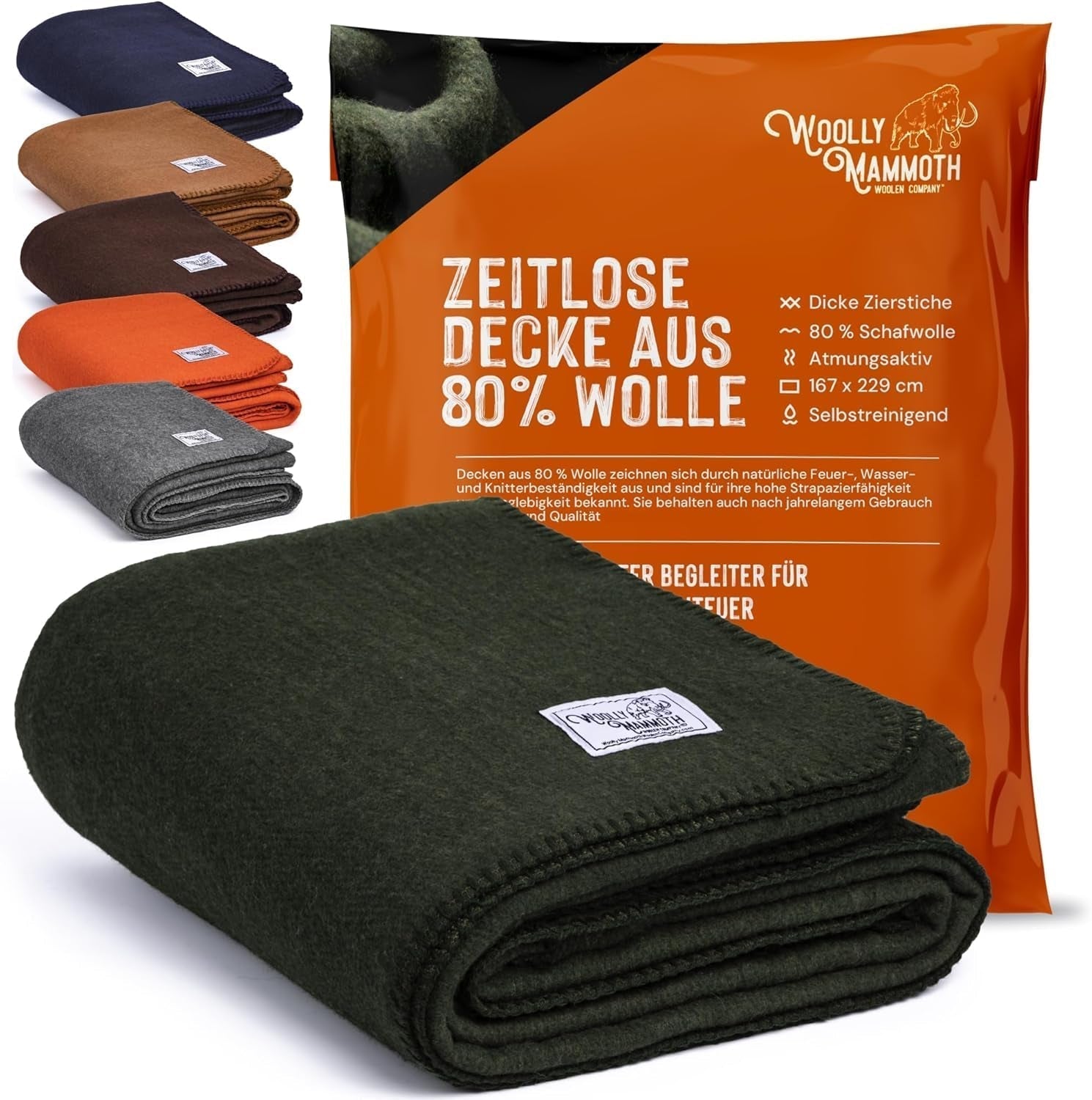 Couverture de camping Woolly Mammoth Woollen Co., extra large, laine mérinos, l'équipement extérieur parfait pour le bushcraft, le camping, le trekking, la randonnée, la survie ou la couverture de cabine. Marron, 168 X 228 Woolly Mammoth Woollen Company Lits et couvertures Vert olive 66" X 90"