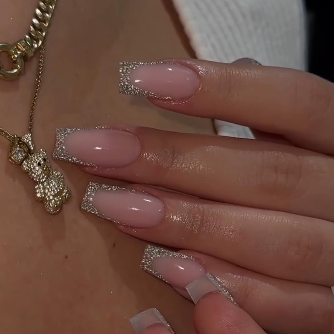 Longs conseils français colle à paillettes d'or sur les ongles longs carrés paillettes pointe française faux ongles ensemble ongles artificiels carrés pour les femmes 24 pièces