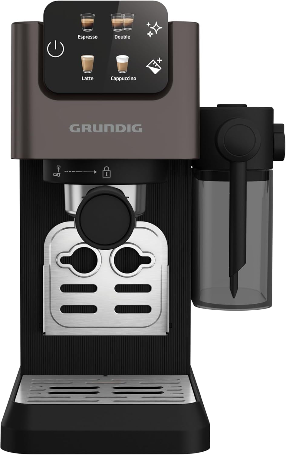 Espressor portafilter GRUNDIG KSM 5330 cu recipient de lapte integrat, putere 1628 W, presiune pompă 15 bar, duză dublă, afișaj tactil color, BrewSense, CreamyPro, Inox închis/Negru