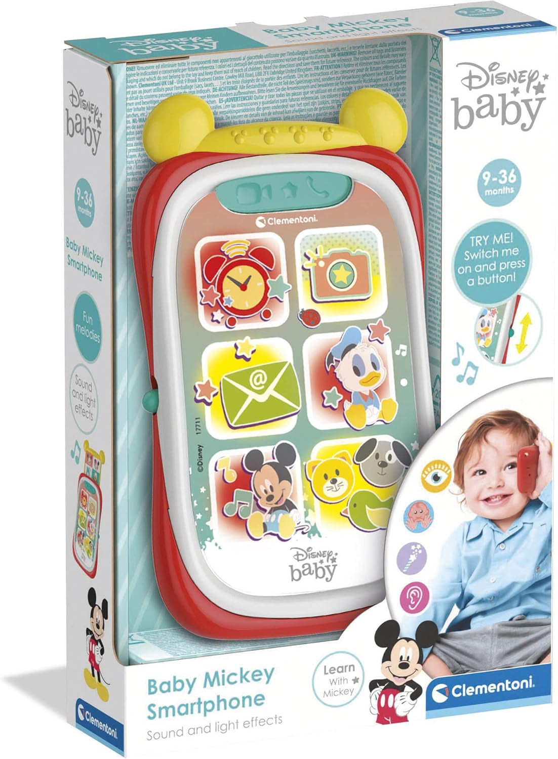 Clementoni 17711 Disney Baby Baby Mickey Smartphone, telefon mobil pentru copii cu efecte luminoase și sonore, jucărie interactivă pentru copii de 9-36 luni, M, Multicolor Jucarii Bebe Naty Shop