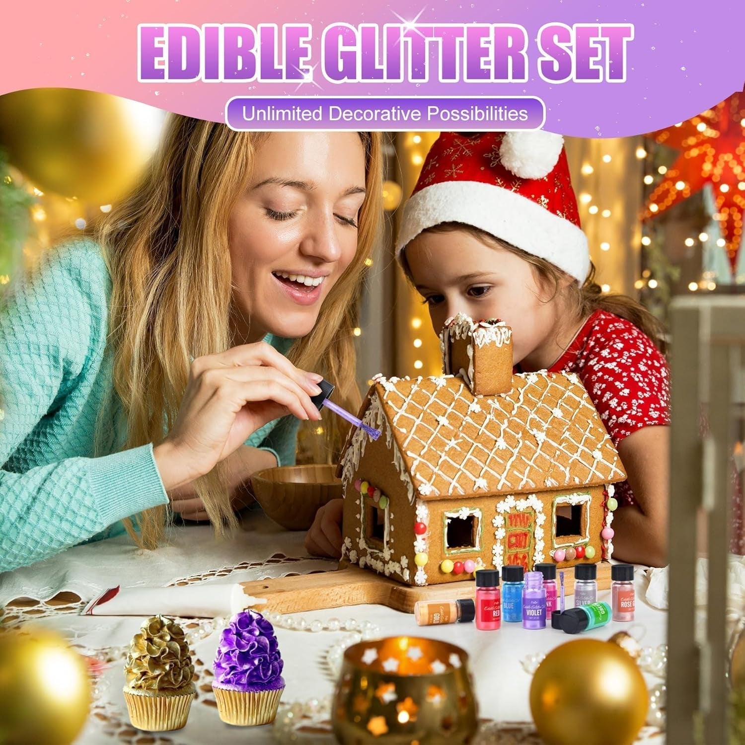 Set de sclipici comestibil - 4 culori pudră de sclipici comestibilă multicoloră, praf de sclipici pentru prăjituri, băuturi, alimente - pudră de sclipici metalică, colorant alimentar pentru cocktailuri, vin, fondant