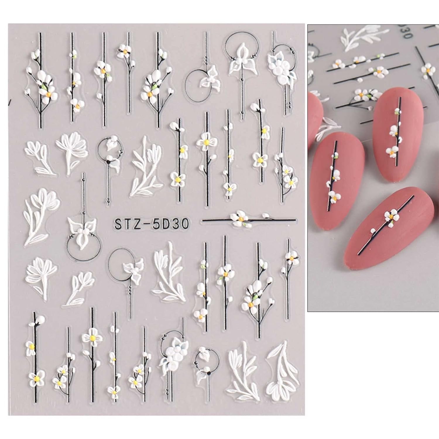 JMEOWIO Autocollants de manucure 3D pour ongles, fleurs, autocollants pour nail art, autocollants auto-adhésifs, bandes stéréoscopiques 5D, décoration de fleurs d'été, design de manucure, 4 feuilles