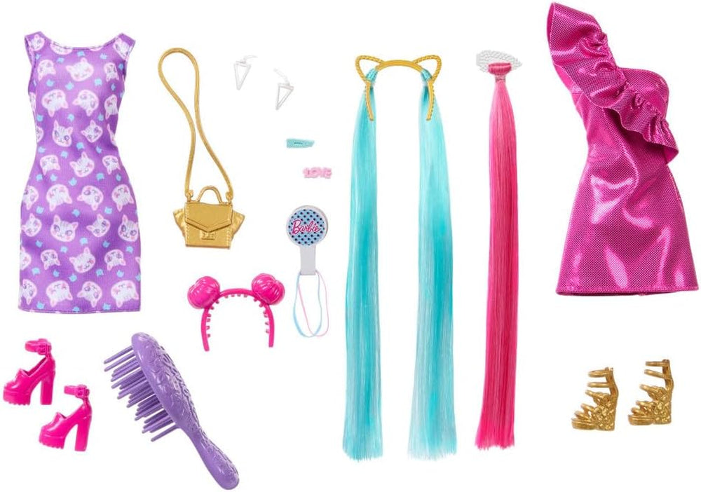 Barbie Totally Hair - Poupée avec cheveux arc-en-ciel extra longs faciles à coiffer et 10 accessoires de mode et de coiffure, robe à pois color block, pour 3 ans et plus, HKT96