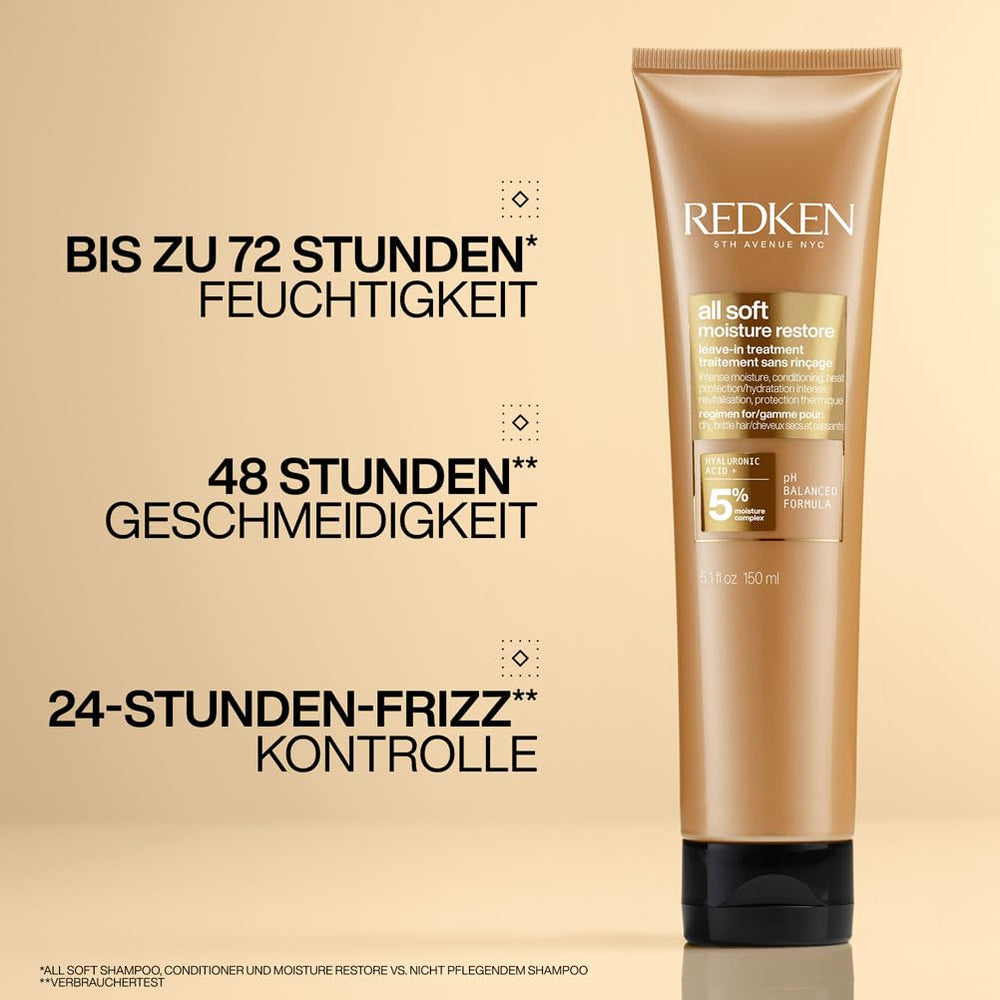 Redken Masque Capillaire à l'Acide Hyaluronique pour Cheveux Secs, Anti-Frisottis et Protection Contre la Chaleur jusqu'à 230°C, Masque sans Rinçage All Soft Moisture Restaurer, 1 x 150 ml Naty Shop Masque Capillaire