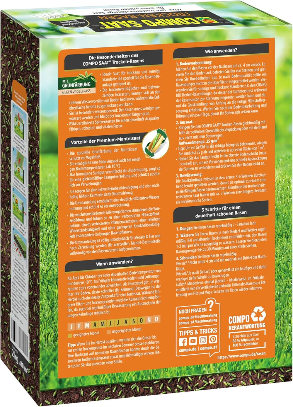 COMPO SAAT Trocken-Rasen, Hitze- Und Trockenverträgliche Rasensamen/Grassamen Für Trockene Und Sonnige Standorte, 2 Kg, 80 M²