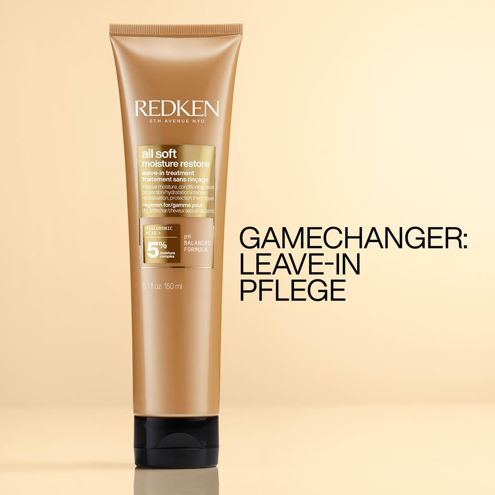 Redken Masque Capillaire à l'Acide Hyaluronique pour Cheveux Secs, Anti-Frisottis et Protection Contre la Chaleur jusqu'à 230°C, Masque sans Rinçage All Soft Moisture Restaurer, 1 x 150 ml Naty Shop Masque Capillaire