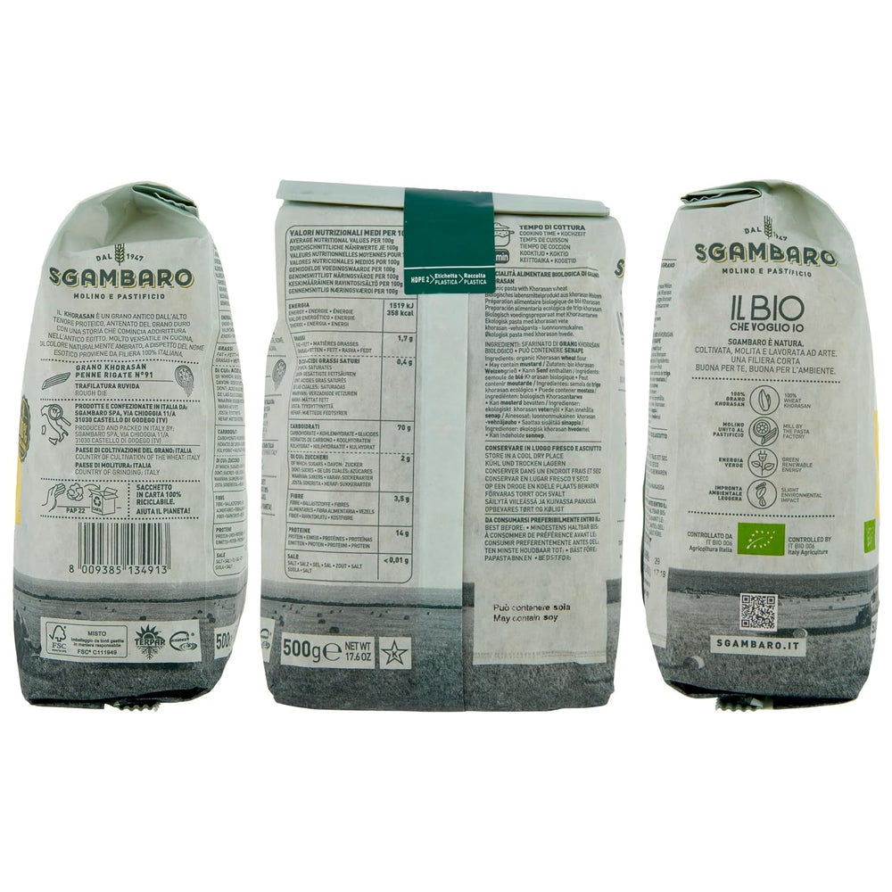 Pâtes Penne Rigate Bio N.91 - 500g de Blé du Khorasan - Blé ancien, riche en protéines, 100% cultivé en Italie - Polyvalent en cuisine et riche en nutriments