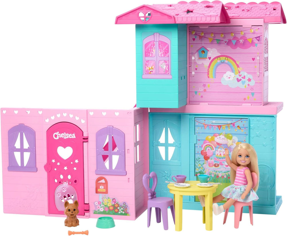 Maison de poupée Barbie Chelsea avec plus de 15 accessoires, maison pop-up s'étendant jusqu'à plus de 42 x 33 cm avec 5 aires de jeu et un toboggan, avec une petite poupée et un chien, JFW49