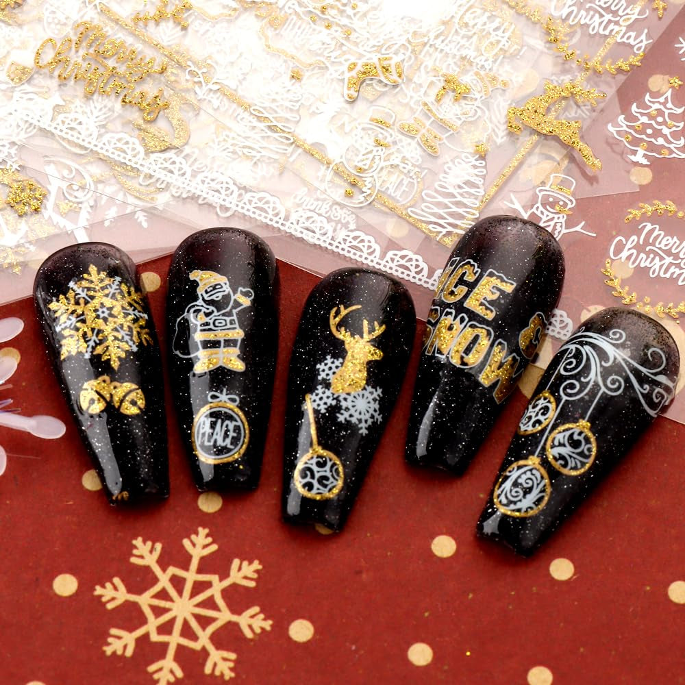 JMEOWIO Nagelsticker Weihnachten 9 Blatt Nail Art Sticker Selbstklebend Nagelaufkleber Schneeflocke Schneemann Festival Weißes Gold Dekoration Nageldesign Zubehör