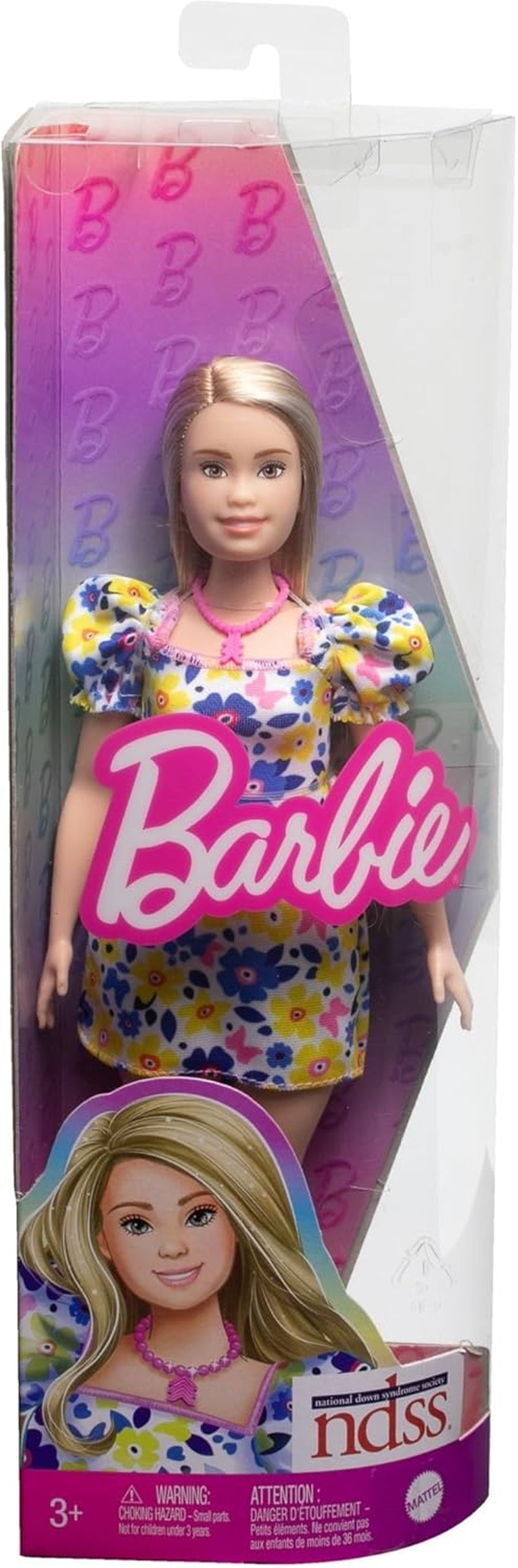 Poupée Barbie Fashionistas, développée avec la National Down Syndrome Society, avec des cheveux blonds et une tenue moderne avec une robe à fleurs et des baskets blanches, à partir de 3 ans, HJT05