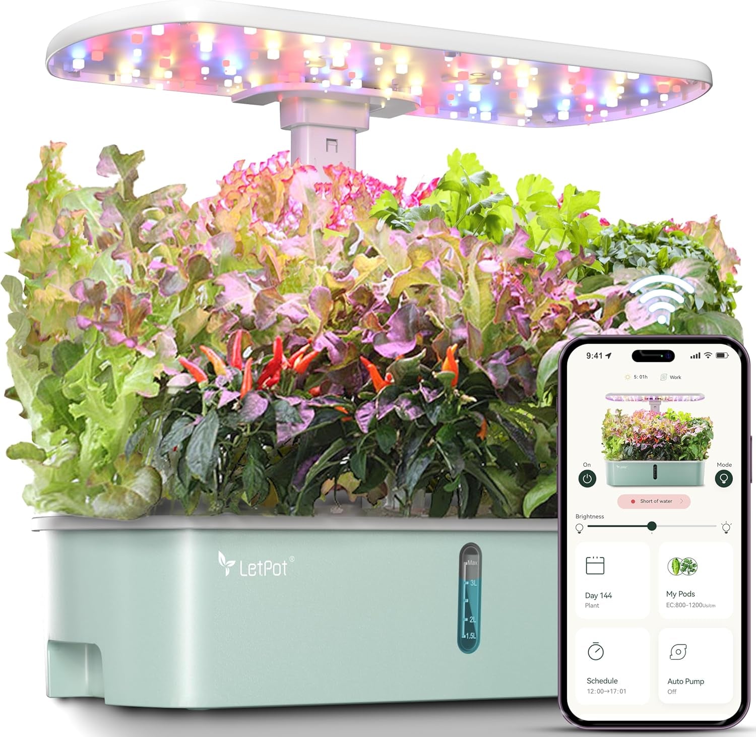 LPH-SE Système de culture hydroponique WiFi, kit de jardin d'herbes aromatiques intelligent d'intérieur de 12 pots, jardin intérieur avec lumière de culture LED 24 W, réservoir d'eau de 5,5 L, système de pompage, minuterie automatique