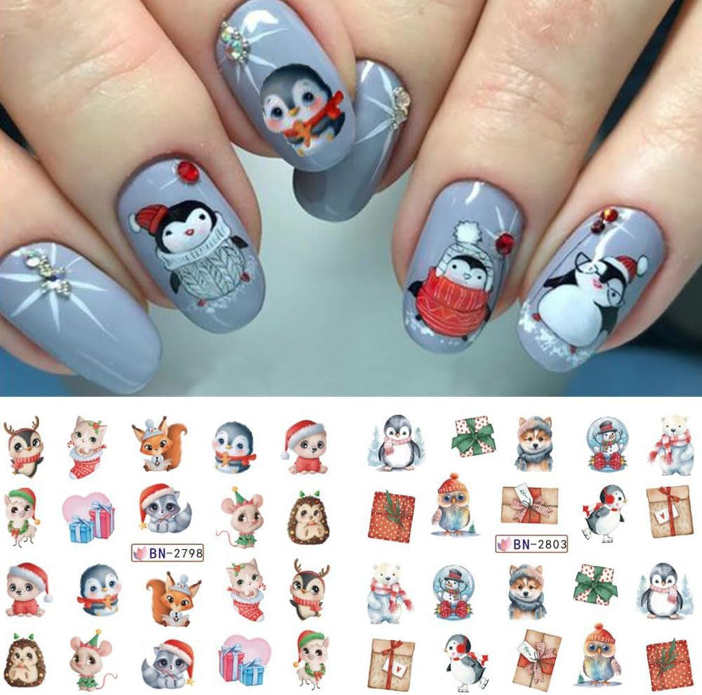 Autocollants pour ongles de Noël 3D auto-adhésifs à transfert d'eau, arbre de Noël, flocon de neige, élan, pingouin, nail art de Noël, dessins d'ongles d'hiver, autocollants de Noël, accessoires pour ongles