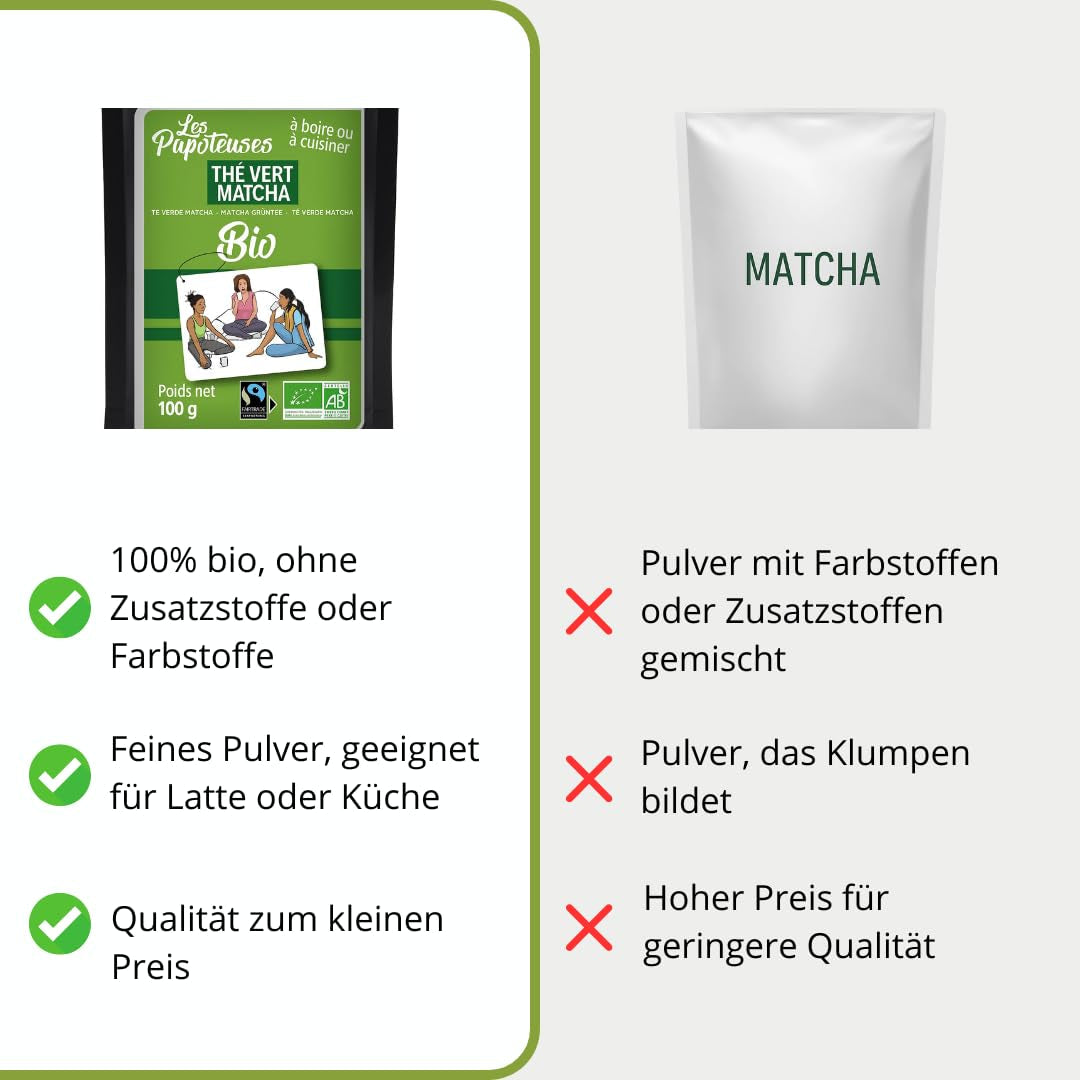 | Matcha bio en poudre 100 g | Thé vert Matcha en poudre de qualité cérémonielle | 100% naturel et qualité premium | Thé détoxifiant | Compatible avec le set Matcha, la tige, le bol et le verre.