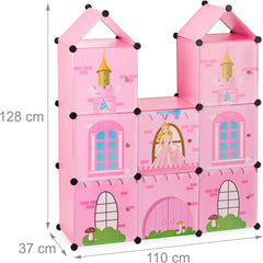 Etagère modulable Relaxdays pour chambre d'enfant, design château de princesse, plastique, meuble DIY avec portes, HL : 128 x 110 x 37 cm, rose