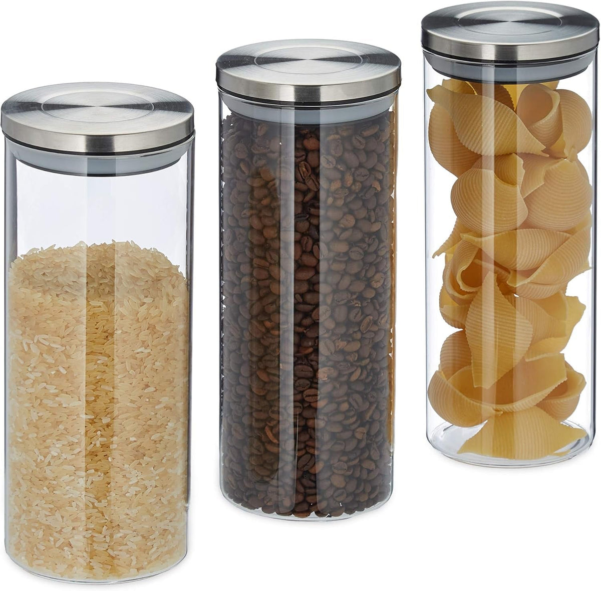Relaxdays Lot de 3 Boites de Conservation avec Couvercle Scellé en Inox Pâtes Muesli Riz 1,5 L Récipient de Cuisine Argenté Transparent 24 x 9,5 x 9,5 cm Argenté Transparent Naty Shop Default Title