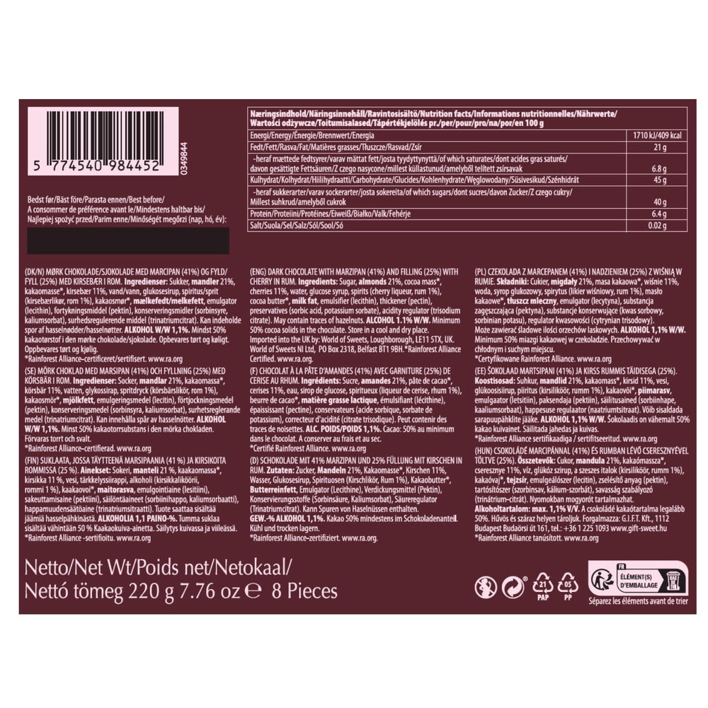 Cerises au rhum – 220 g – 8 pièces de chocolat noir avec gelée de cerises et rhum – Spécialité de pâte d'amande aux fruits et alcool – Chocolat à l'alcool – Idée cadeau