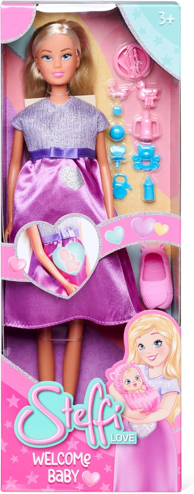 Simba Steffi Love Welcome Baby 29 cm Enceinte Steffi 12-Pack Accessoires de jeu de rôle Poupée tendance avec jouet de poupée bébé de 4 cm pour les 3 ans et plus