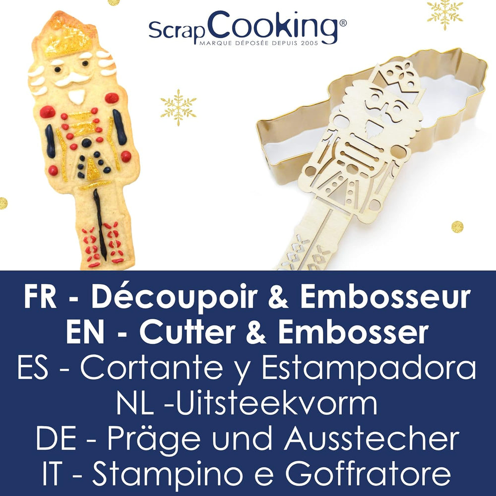 ScrapCooking - Set d'Emporte-pièces + Embosseur Casse-Noisette en Bois - Emporte-pièce de Noël en Acier Inoxydable pour Biscuits en Relief - Accessoire de Moule de Cuisson Sablé - Couleur Or - 2097
