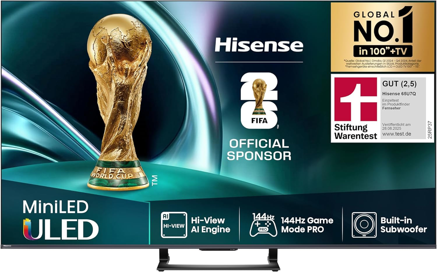 Televizor Hisense 55U7Q de 55 de inci, mini LED ULED 4K, Smart TV, motor Hi-View AI, mod de joc Pro la 144Hz, FreeSync Premium, subwoofer încorporat, Dolby Vision IQ Atmos, AirPlay, control vocal [2025]