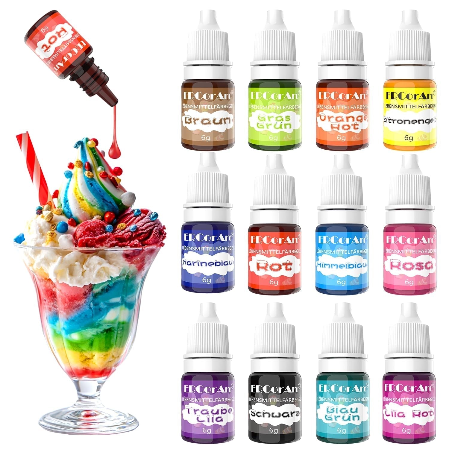 Colorant alimentar liposolubil - Ercorart 10 culori colorant alimentar pe bază de ulei, foarte concentrat, pentru ciocolată, unt de cacao, fudge, prăjitură cu ciocolată, glazură, înghețată etc., 6 ml/bucată