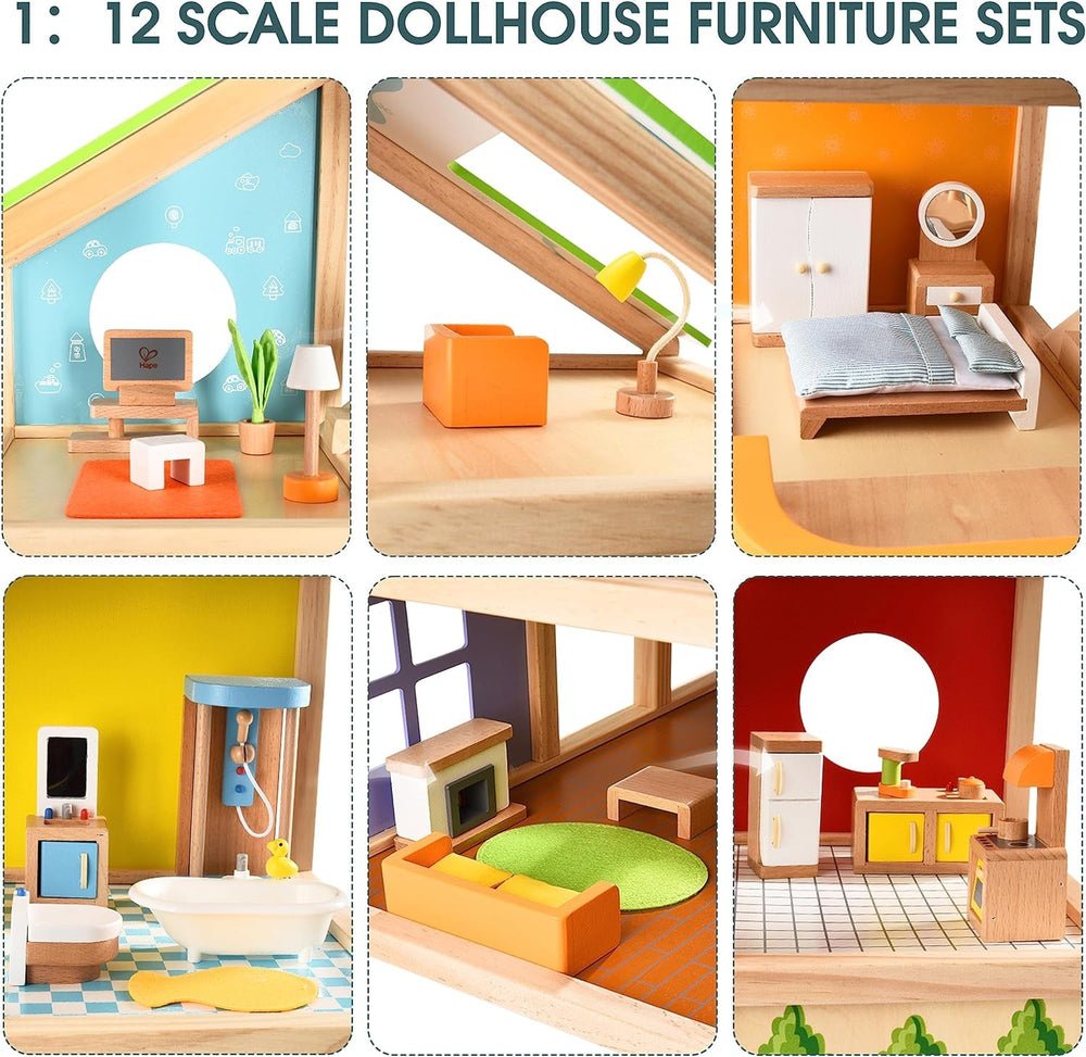Hape Four Seasons Wooden Doll's House Maison de poupée primée à trois étages avec meubles, accessoires, escaliers mobiles et toit réversible pour chaque saison Maisons de poupées Naty Shop