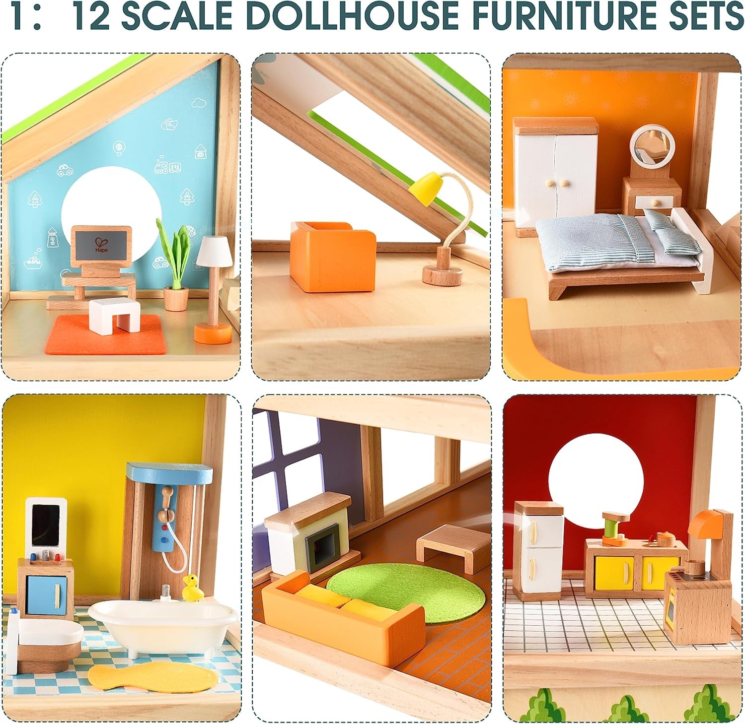 Casă de păpuși Hape Four Seasons - casă de păpuși cu trei etaje, din lemn, premiată, cu mobilier, accesorii, scări glisante și acoperiș reversibil pentru fiecare anotimp, pentru copii cu vârsta de 3 ani și peste