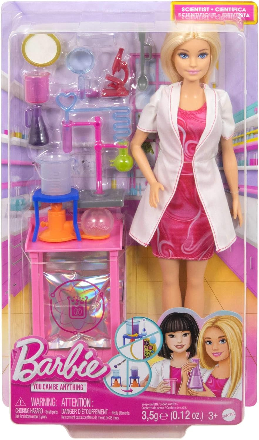 Poupée scientifique Barbie et accessoires avec poupée blonde tendance, table de laboratoire, microscope, caisse à changement de couleur et boîte de Pétri, poupées JCR70 Naty Shop