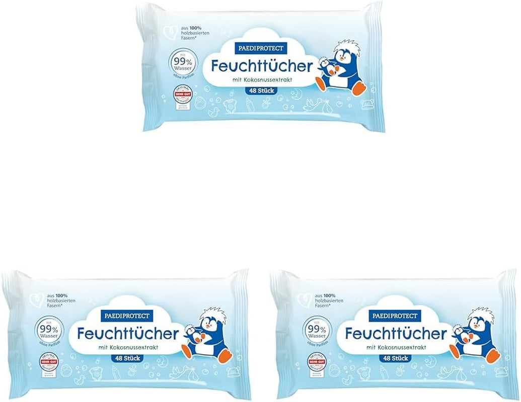 PAEDIPROTECT Lingettes humides pour bébé 1 x 10 pièces Lingettes humides à l'eau pour bébé sensible 99 % d'eau sans parfum Bébé et enfants Peau délicate Extrait de noix de coco Sans microplastique végétalien (paquet de 5)