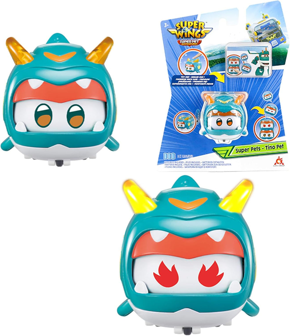 Super Wings Super Pets 4 PCS Shine, Golden Boy, Jerome, Ellie Expression faciale commutable Effet foudre Jouet portable pour 3 4 5 6 7 8 ans Garçon Fille Figurines d'action 2 pouces Naty Shop Tino