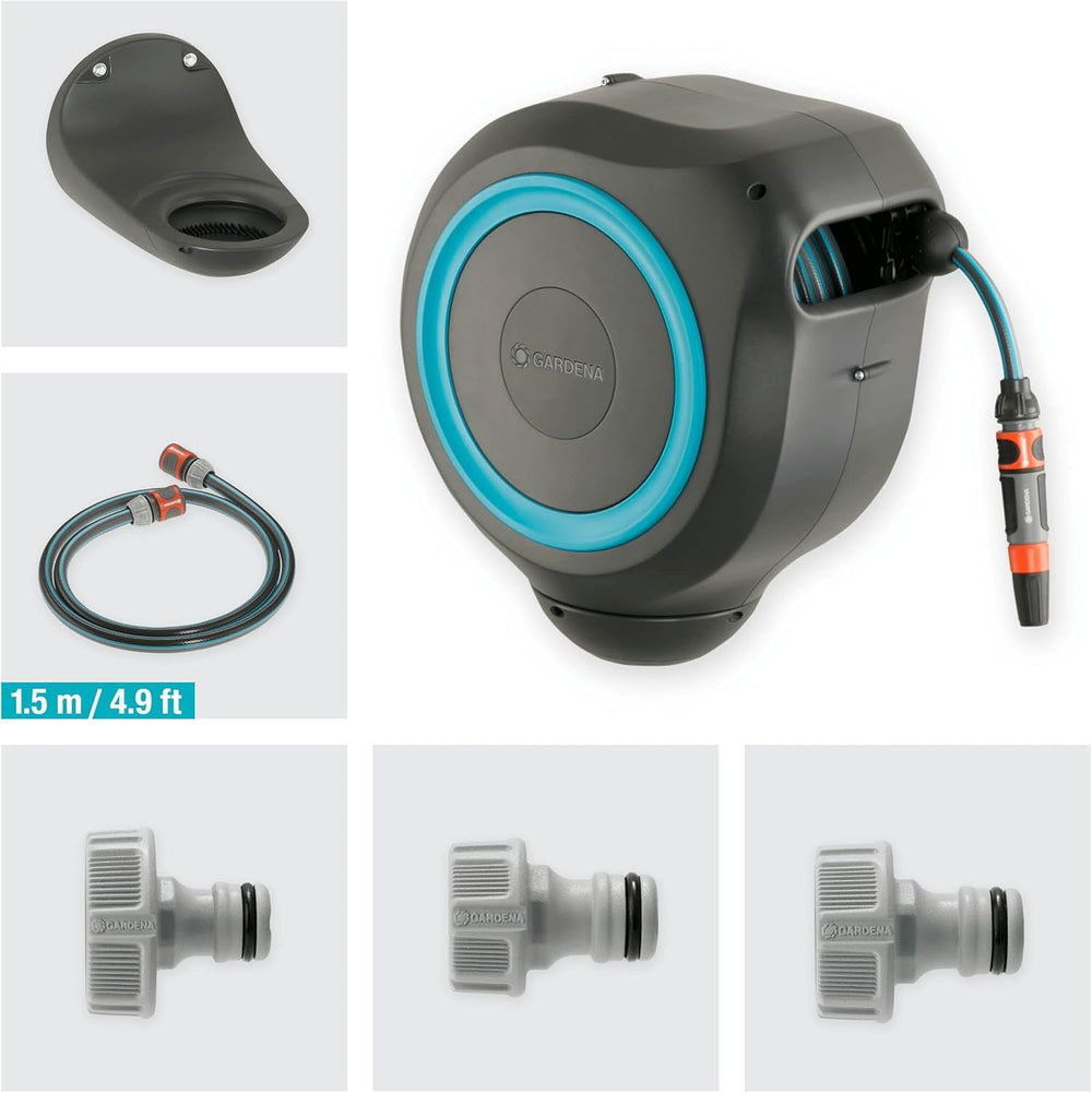 Boîte de tuyau murale Gardena RollUp M (Turquoise) 20 m : arrosage flexible pour jardins de taille moyenne, enrouleur de tuyau rotatif, avec support mural, composants du système et buse de pulvérisation, avec tuyau de 20 m (18610-20)