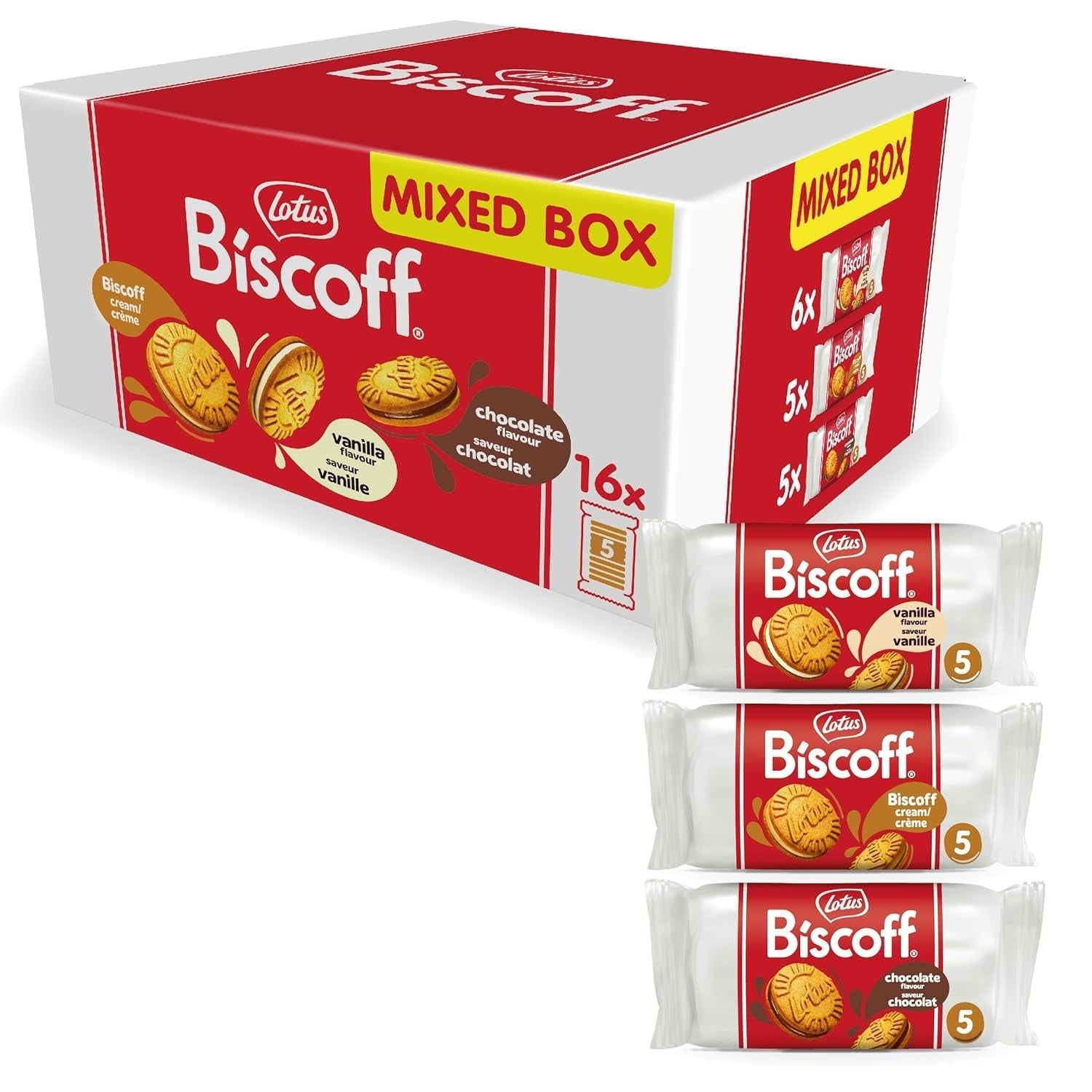 Biscoff Lotus | Pack varié de biscuits doubles | 3 variétés : Biscoff Crème, Saveur Vanille et Chocolat | 5 biscuits doubles par paquet | Ingrédients d'origine naturelle | Pas de colorants | 16x50g | 800g
