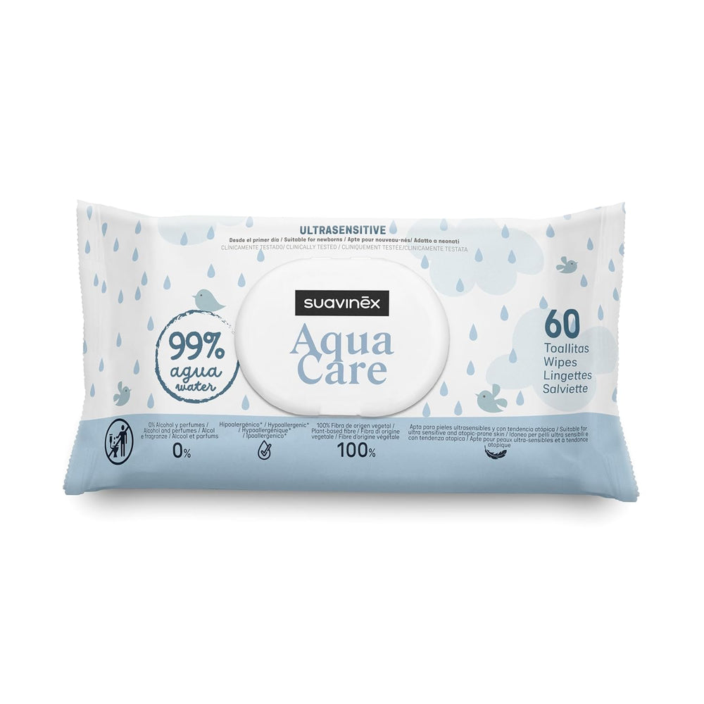Suavinex Aqua Care Baby Wet Wipes 60 Count Lingettes nettoyantes 99 % d'eau Fibre végétale Aloe Vera Sans parfum Sans alcool Testé dermatologiquement Convient aux peaux sensibles