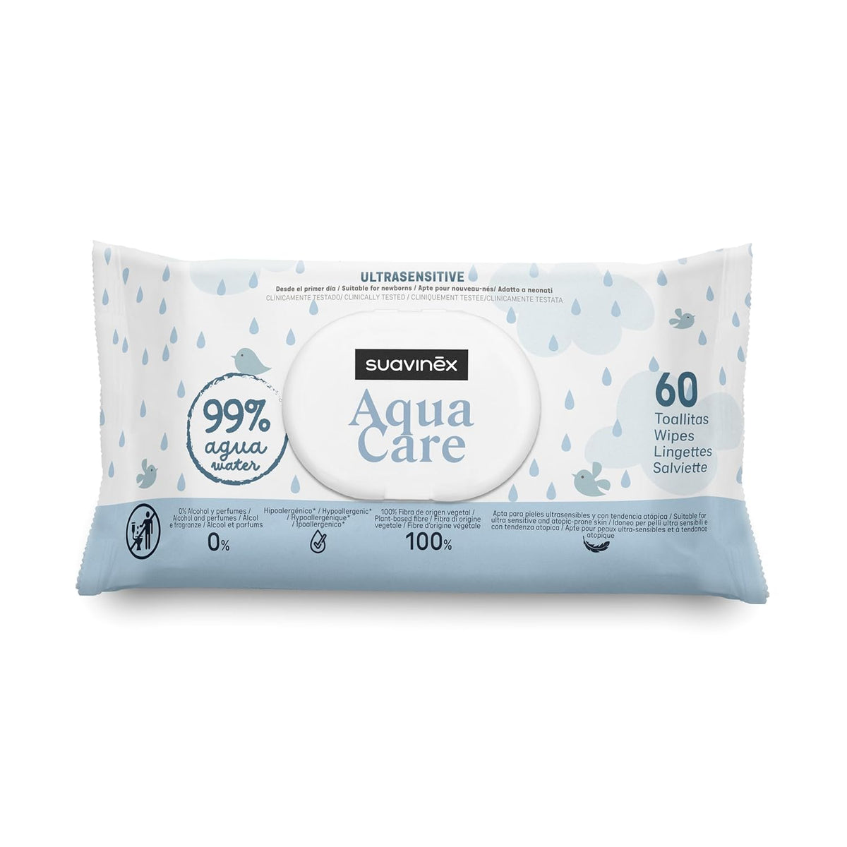 Suavinex Aqua Care Baby Wet Wipes 60 Count Lingettes nettoyantes 99 % d'eau Fibre végétale Aloe Vera Sans parfum Sans alcool Testé dermatologiquement Convient aux peaux sensibles